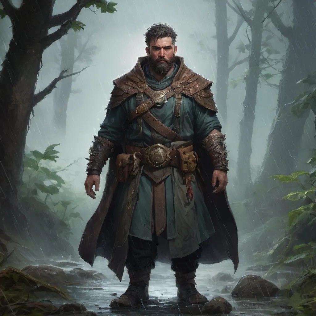Prompt: Male stocky heavy-set astral-druid with short-cut hair and beard, in a thicket battlefield in a rainstorm, pathfinder, d&d setting, in a realistic high quality digital art style, enhanced shadow quality, colorful