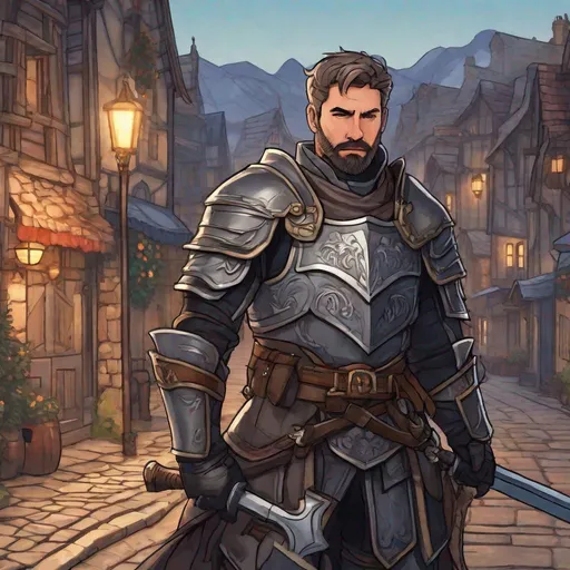 Prompt: (Full body) a paladin with short hair and short beard looks like john krakinski, salt and pepper hair, armor, hairy chest, holding simple weapon, town street at evening, in a painted style