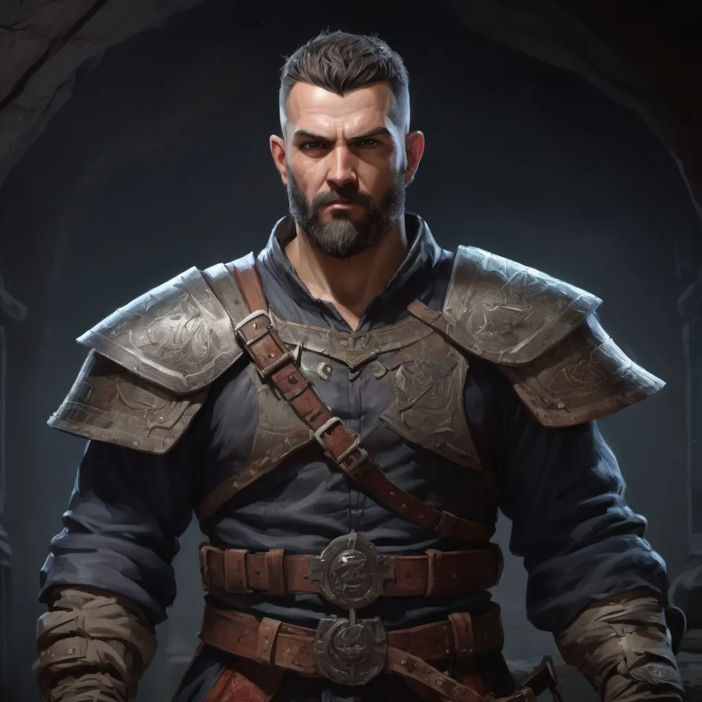 Prompt: Male stocky large mature albanian fighter with short-cut hair and beard, exploring a dark dungeon, pathfinder, d&d setting, in a realistic high quality digital art style, enhanced shadow quality, colorful