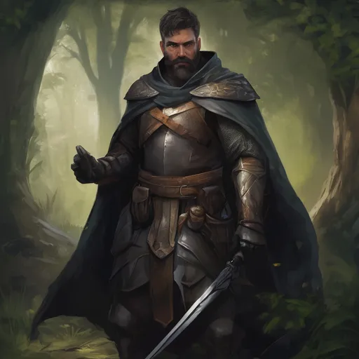 Prompt: (Full body) male stocky knight with short-cut hair and beard, in nature in the dark, cloak, pathfinder, d&d setting, in a realistic digital art style