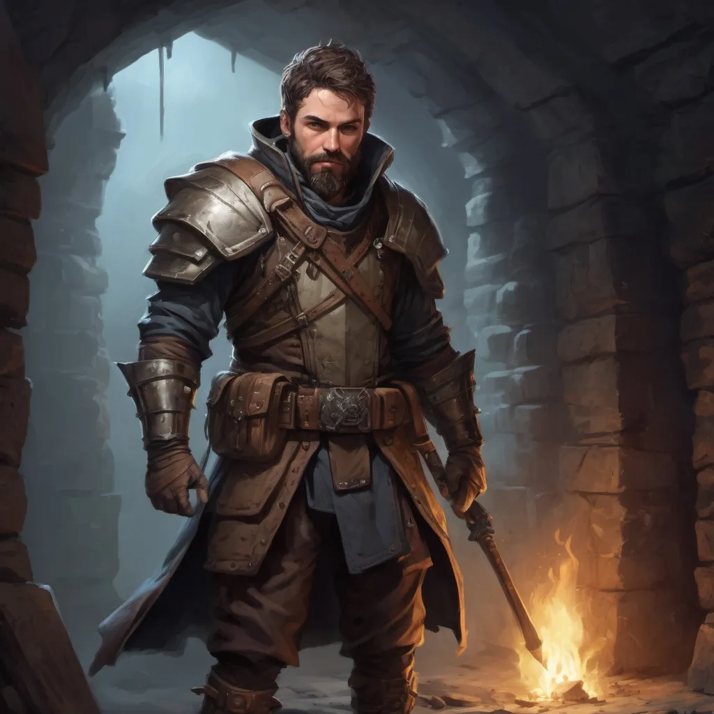 Prompt: Male stocky hairy sneaky rogue in light armour with short hair and beard, exploring a dark dungeon, pathfinder, d&d setting, in a realistic high quality digital art style, enhanced shadow quality, colorful