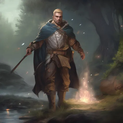 Prompt: (Full body) male manly stocky nature-mage with blonde short-cut hair and beard, casting a magical nature-spell, in nature at night, pathfinder, d&d setting, in a realistic digital art style