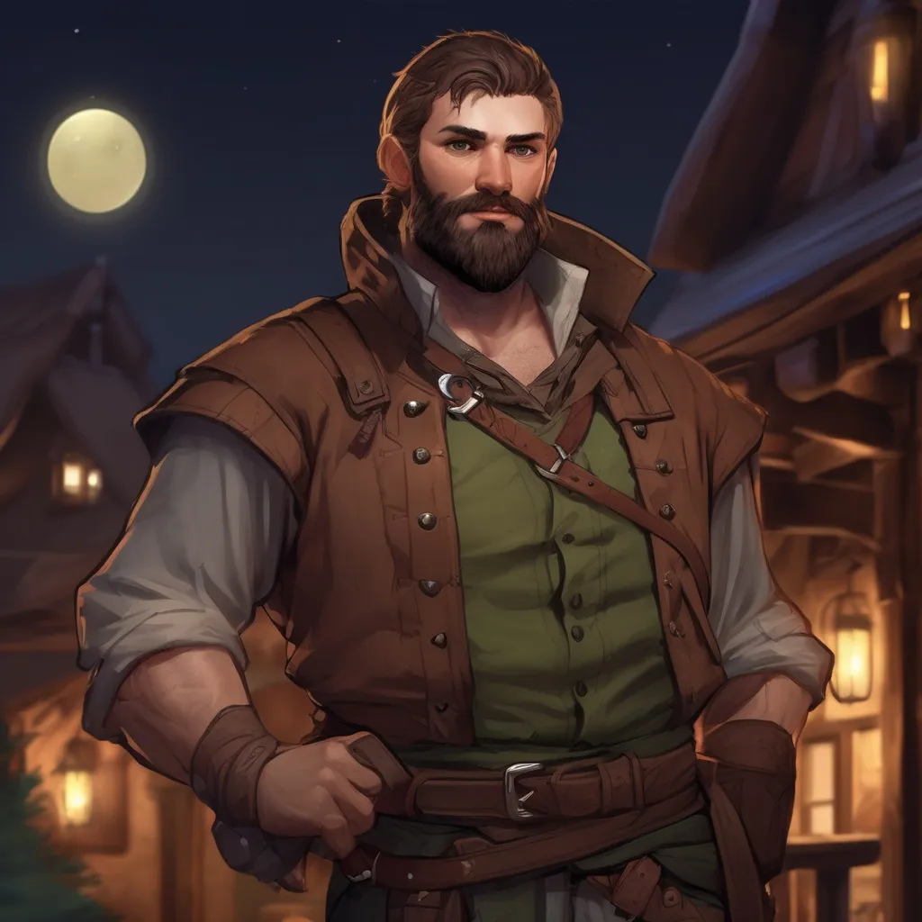 Prompt: (Full body) male thick manly ranger with short hair and beard, by a tavern at night, pathfinder, d&d setting, in a realistic digital art style