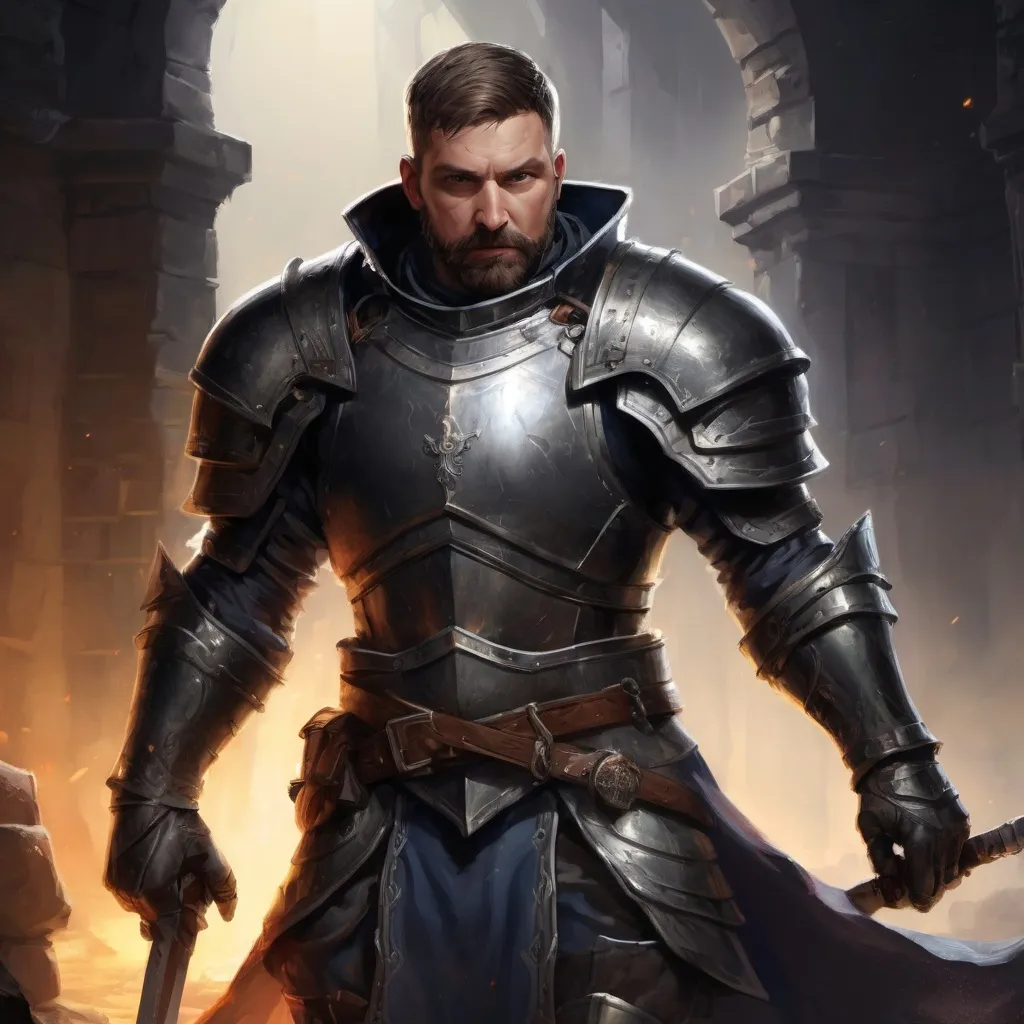 Prompt: Male stocky large mature royal knight with short-cut hair and beard, engaged in combat inside of a dark dungeon, pathfinder, d&d setting, in a realistic high quality digital art style, enhanced shadow quality, colorful picture