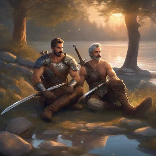 Prompt: (Fullbody) two adult male adventurers manly face one with short brown hair and beard other one with grey hair and mustache, both with no shirt and very hairy chest, backpack armor and swords laying on the ground, fantasy setting, swirly magic light in the background, touching and each other, by a lake at nighttime, in a painted style, realistic