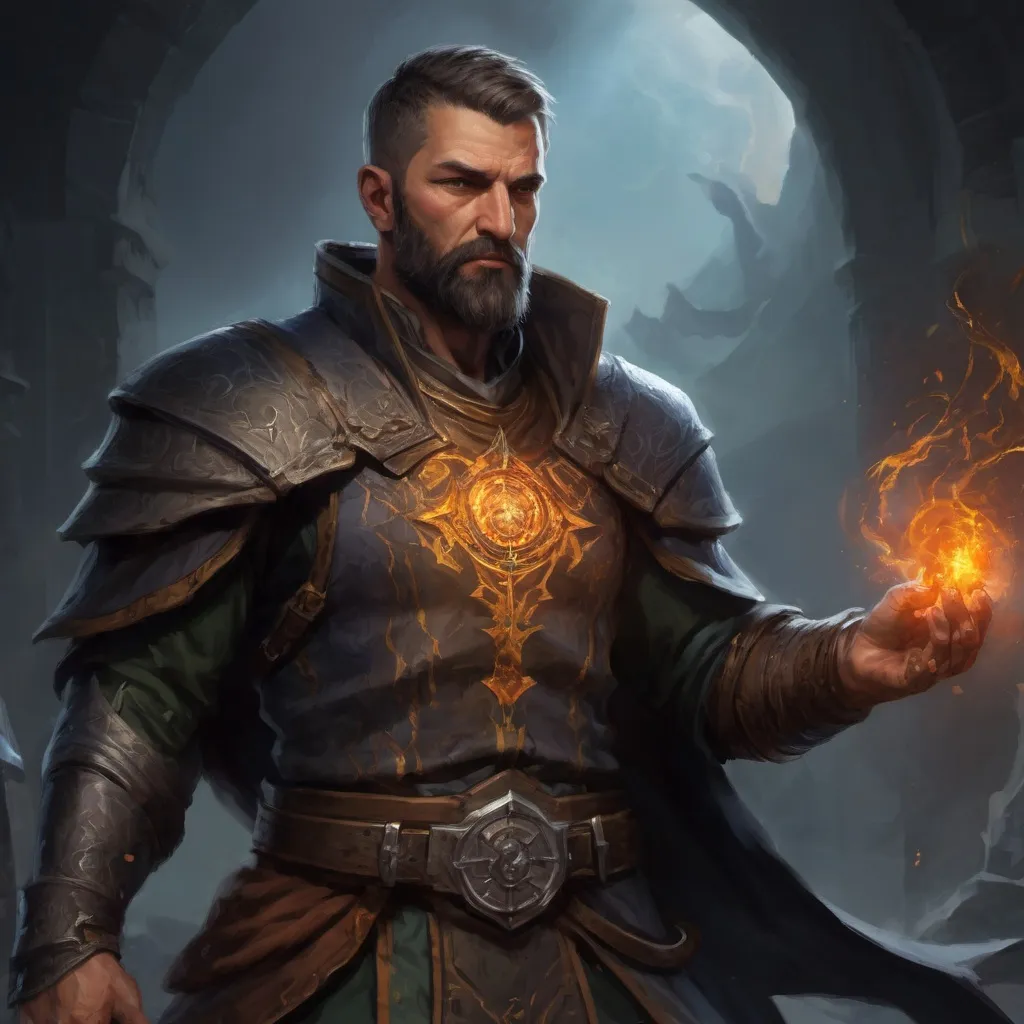 Prompt: (torso) Male stocky large mature handsome battle-mage with short-cut hair and beard, engaged in combat casting an arcane-spell inside of a dark dungeon, in movement, pathfinder, d&d setting, realistic, enhanced shadow quality, colorful