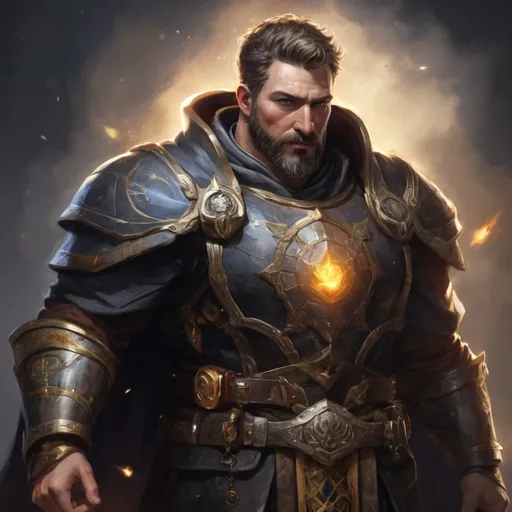 Prompt: (Torso) Male stocky large mature holy-paladin with short-cut hair and beard, exploring a dark dimention, surrounded by bright magic, pathfinder, d&d setting, in a realistic high quality digital art style, enhanced shadow quality, colorful