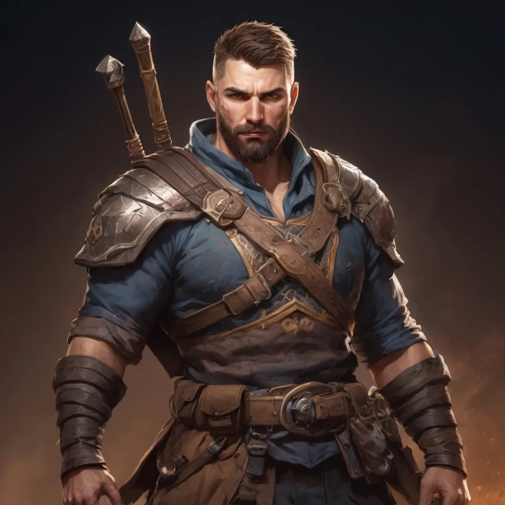 Prompt: Male stocky muscular ranger-warrior with short-cut hair and beard, in a battlefield at pitchblack night, pathfinder, d&d setting, in a realistic high quality digital art style, enhanced shadow quality, colorful