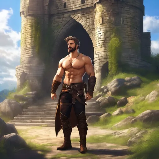 Prompt: (Full body) very manly gay rogue with a short hair and beard, no shirt on, standing outside of a forgotten tower, fantasy setting, in a realistic detailed digital art style.