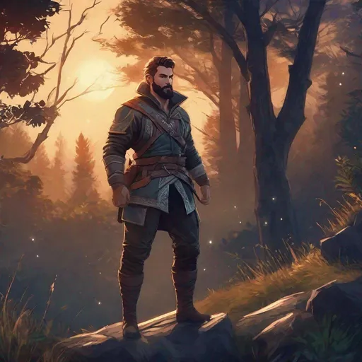 Prompt: A male fighter looks like with short-cut hair and beard, in nature at night, boots, pathfinder, in a detailed realistic digital art style