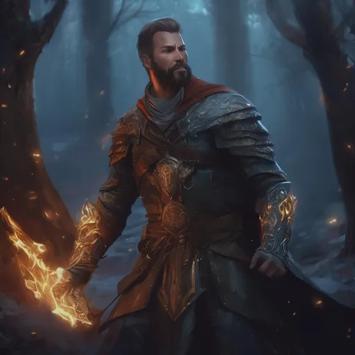 Prompt: (Full body) male handsome large muscular magical battle mage with short hair and beard, outside of a dungeon by a forest at night, pathfinder, d&d setting, in a realistic high quality digital art style