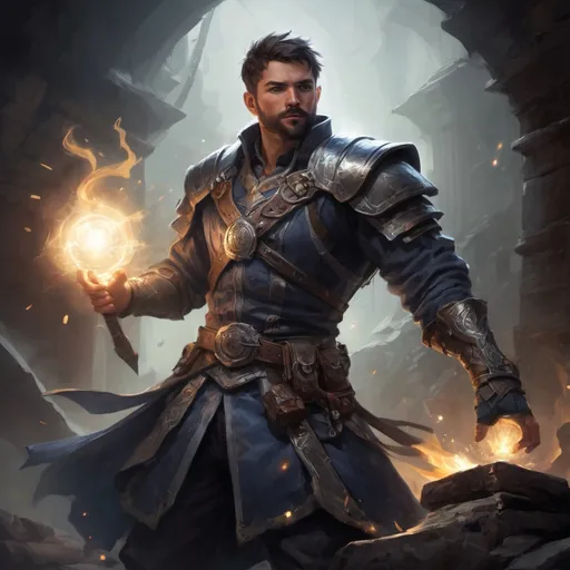 Prompt: Male stocky large battle-mage with short-cut hair and beard, engaged in combat casting a white-light spell inside of a dark dungeon, pathfinder, d&d setting, in a realistic high quality digital art style, enhanced shadow quality, colorful