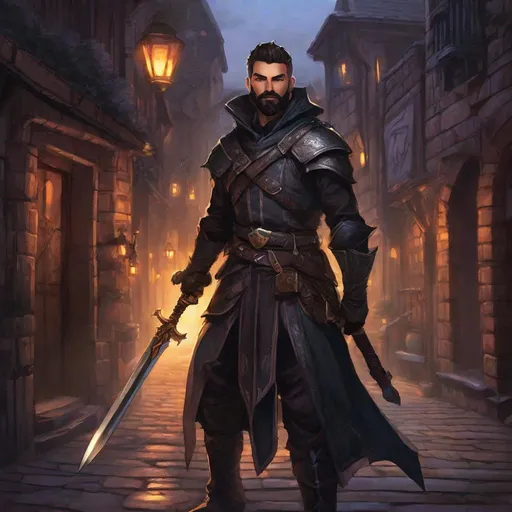 Prompt: (Full body) handsome arcane trickster glowing eyes with short cut hair beard, scar, manly face, dark armor, holding a dagger, pathfinder, dungeons and dragons, in a dark back street, sneaking, in a painted style, realistic