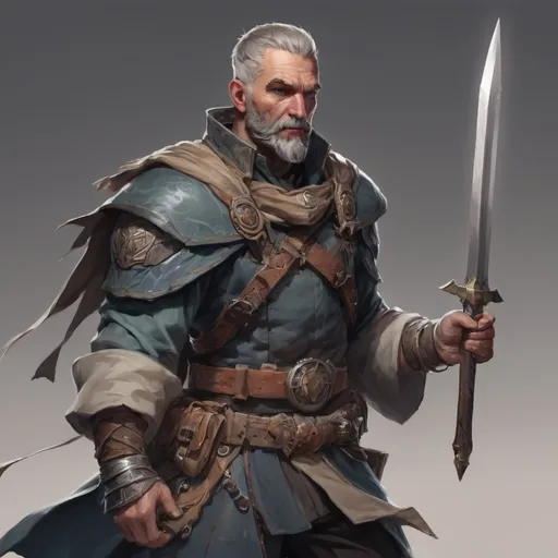 Prompt: (torso) Male heavy-set mature fit bard with short-cut hair and beard, holding fantasy-weapon , in a windy battlefield, pathfinder, d&d setting, enhanced shadow quality
