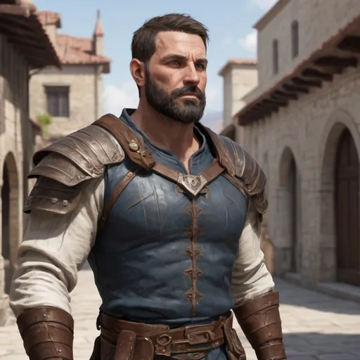 Prompt: (torso) Male stocky large fit 41-year old archerwith short-cut hair and beard, in a windy courtyard, pathfinder, d&d setting, in movement, enhanced shadow quality