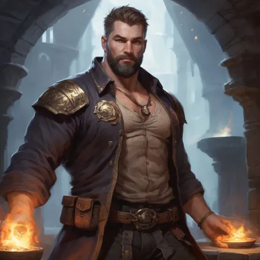 Prompt: (head and torso) Male heavy-set fit fat beefy 35-year old hunky battle mage-with short-cut hair and beard, hairy chest (chest hair), open shirt big belly, holding magic-spell in hand, in a dark tavern room, pathfinder, d&d setting, enhanced shadow quality
