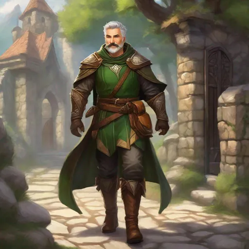 Prompt: (Full body) A hairy broad-chested large handsome male druid with short-cut grey hair a mustache and stubble, pathfinger, dungeons and dragons, dark-green armor, brown boots, fantasy setting, going out a town gate, in a painted style realistic