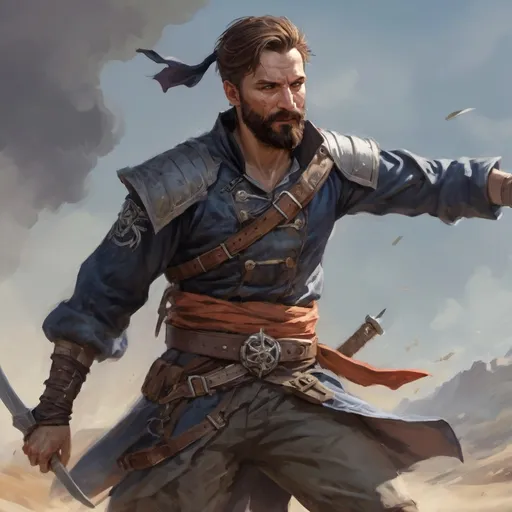 Prompt: Male heavy-set mature fit swashbuckler with short-cut hair and beard, holding fantasy-weapon , in a windy battlefield, pathfinder, d&d setting, enhanced shadow quality