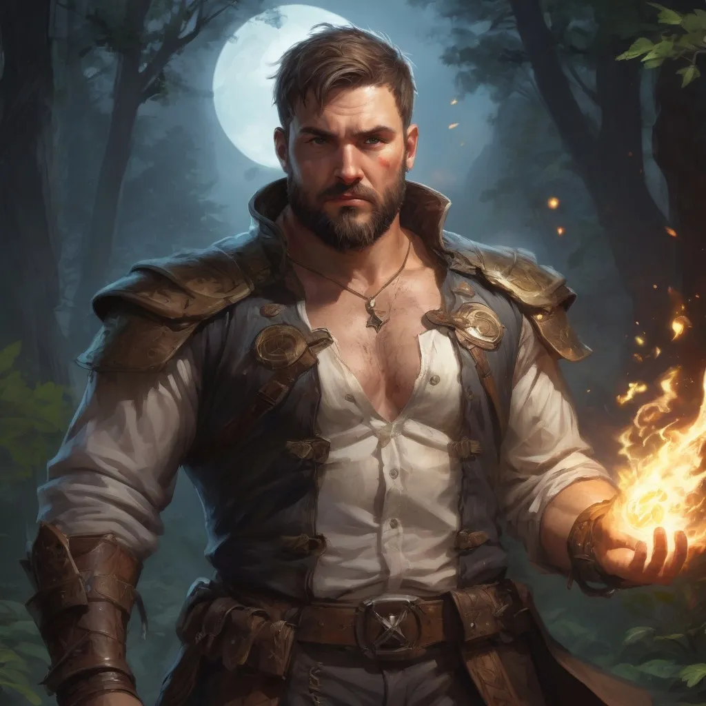 Prompt: Male stocky large fat templar with short-cut hair and beard, open shirt hairy chest, in combat casting a magic-ray out of hands in nature at night, pathfinder, d&d setting, in a realistic high quality digital art style, enhanced shadow quality, colorful
