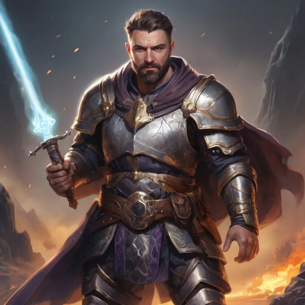 Prompt: Male stocky heavy-set mature magical Holy paladin with short-cut hair and beard, on a battlefield, in combat, holding a magic-sword, pathfinder, d&d setting, in a realistic high quality digital art style, enhanced shadow quality, colorful