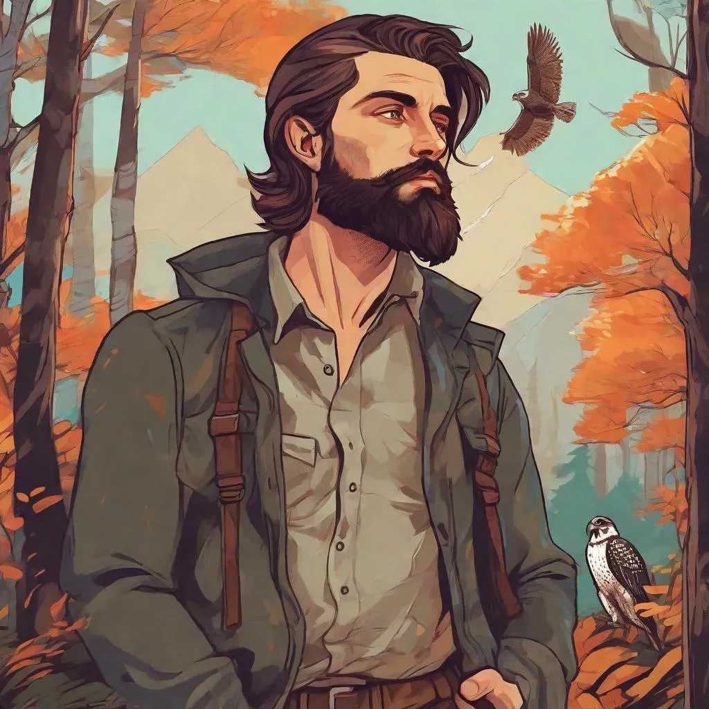 Prompt: A profile beautiful and colourful picture of a handsome man with brunette hair and a beard, exploring a forest, a falcon in flight, in a painted style