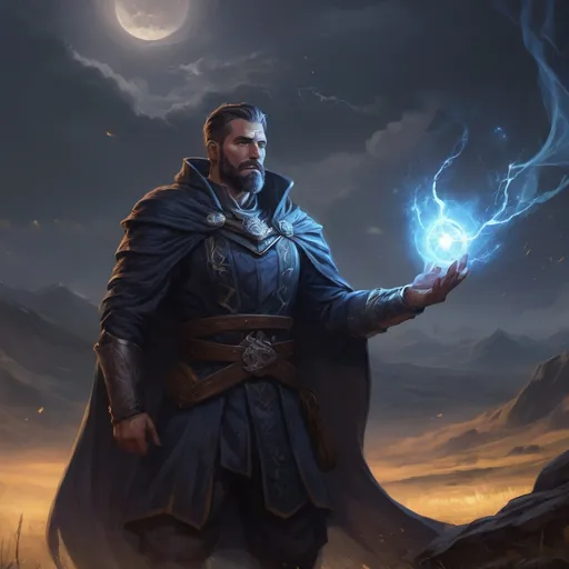Prompt: Male stocky heavy-set argentinian royal magus with short-cut hair and beard, casting a magic-spell on a windy field at night, pathfinder, d&d setting, in a realistic high quality digital art style, enhanced shadow quality