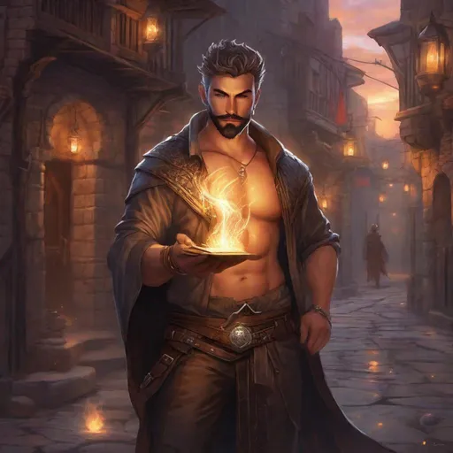 Prompt: (Full body) handsome large beefy young elemental wizard glowing eyes with short cut hair with grey streaks short beard, manly face, leather shirt, open shirt, hairy chest, casting a magic spell, pathfinder, dungeons and dragons, in a dark back street, in a painted style, realistic