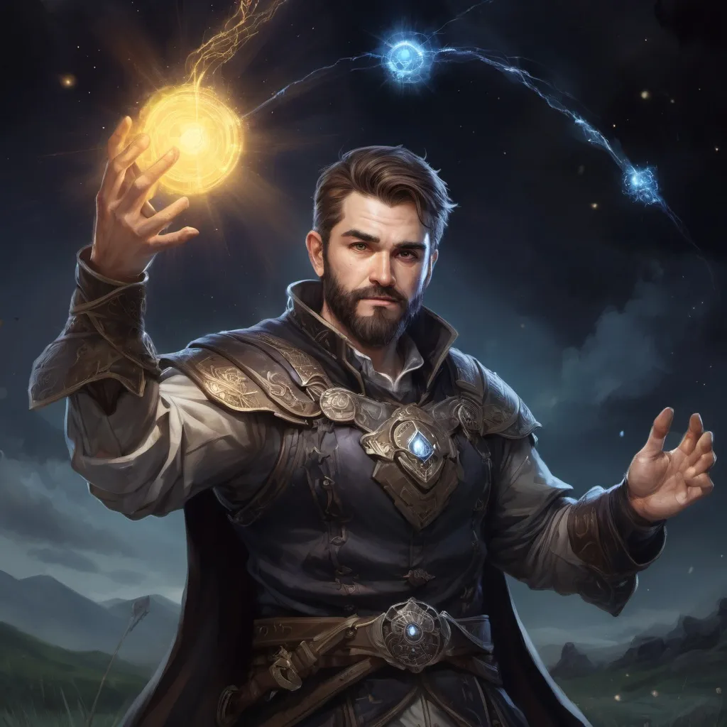 Prompt: Male stocky heavy-set cleric with short-cut hair and beard, casting a magical time-spell out of hands, on a batle field at night, pathfinder, d&d setting, in a realistic high quality digital art style, enhanced shadow quality