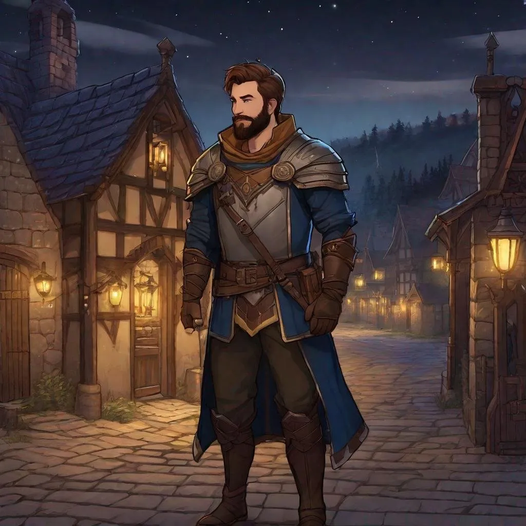 Prompt: (Full body) male paladin with short brown hair and beard, pathfinder, dungeons and dragons, standing outside of a small town at night, in a  realistic painted style