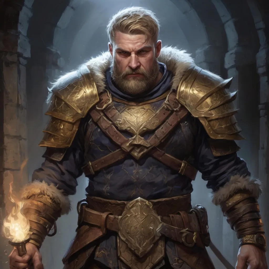 Prompt: Male stocky hairy mature warrior in  a breastplate, with short dark-blonde hair and beard, exploring a dark dungeon, pathfinder, d&d setting, in a realistic high quality digital art style, enhanced shadow quality, colorful