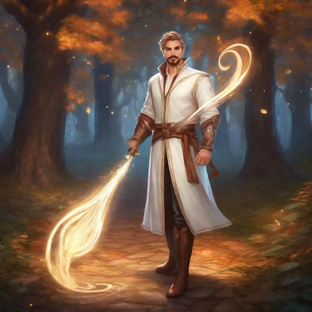 Prompt: (Full body) A male white mage with short cut hair with a mustache and stubble manly face, pathfinger, magic swirl, leather pants, holding magic, dungeons and dragons, brown boots, fantasy setting, standing in a forest glade at night, in a painted style realistic art