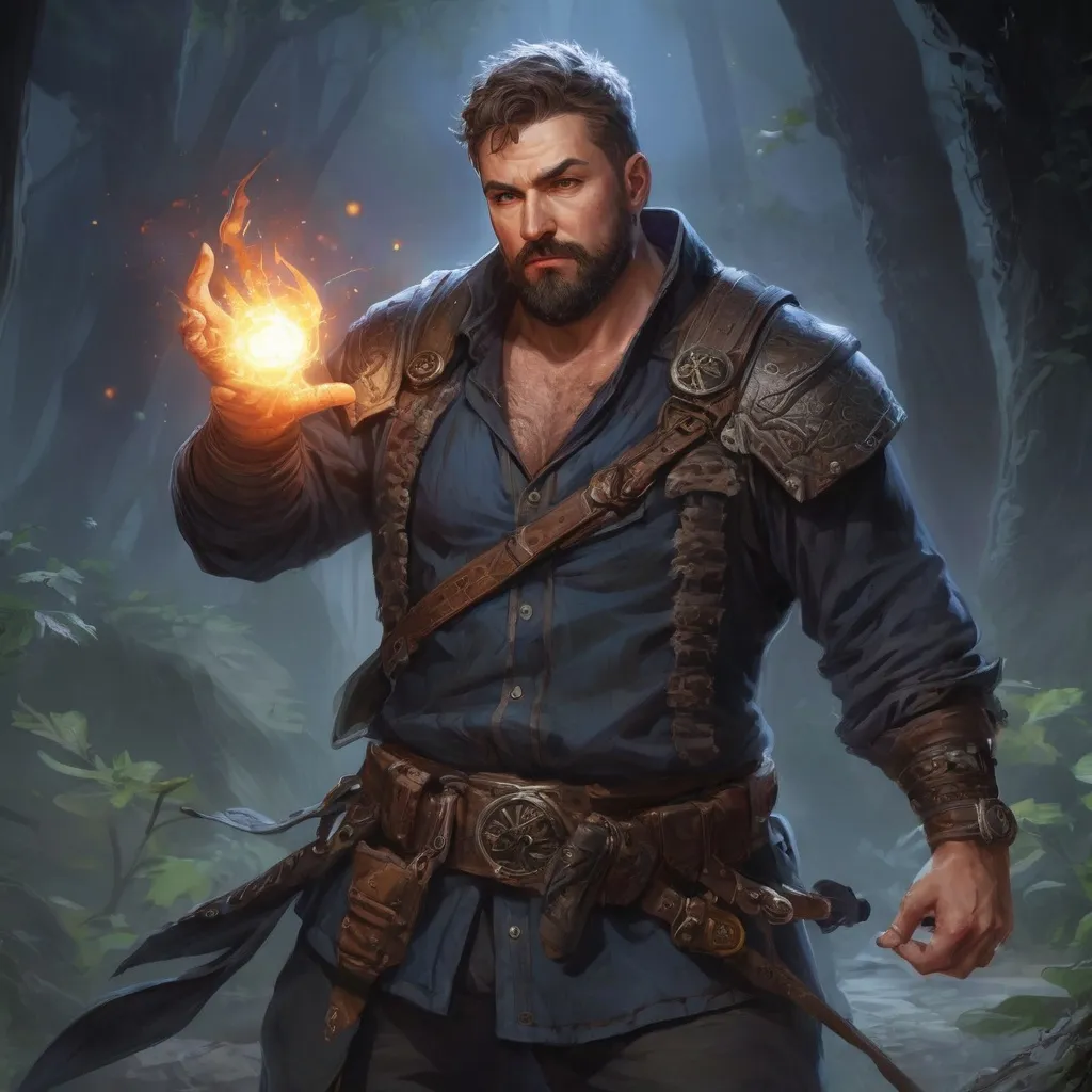 Prompt: Male stocky large fat sorcerer with short-cut hair and beard, open shirt hairy chest, in combat casting a magic-ray out of hands in nature at night, pathfinder, d&d setting, in a realistic high quality digital art style, enhanced shadow quality, colorful