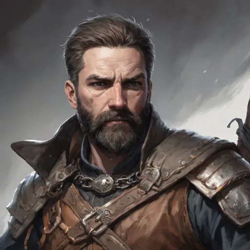 Prompt: (torso) Male heavy-set mature fit bard with short-cut hair and beard, holding fantasy-weapon , in a windy battlefield, pathfinder, d&d setting, enhanced shadow quality