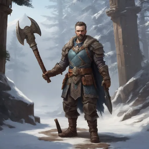 Prompt: Male stocky mature noble axe-warrior, with short hair and beard, standing on a plautou of an old temple in a barren winter forest, pathfinder, d&d setting, in a realistic high quality digital art style, enhanced shadow quality, colorful