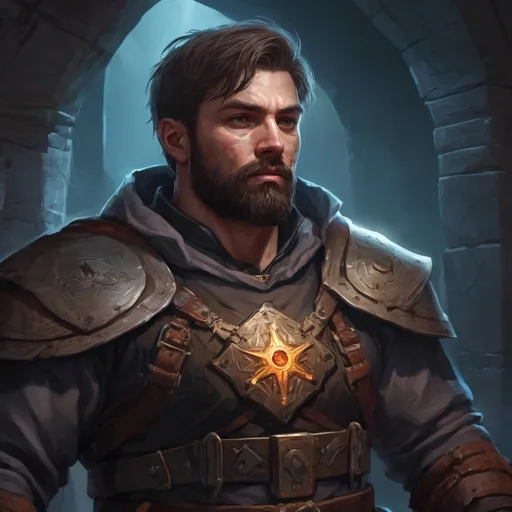 Prompt: Male stocky large mature russian fighter with short-cut hair and beard, exploring a dark astral dungeon, pathfinder, d&d setting, in a realistic high quality digital art style, enhanced shadow quality, colorful
