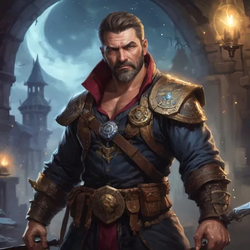Prompt: (torso) Male stocky large beefy 42-year old battle-mage with short hair and beard, hairy chest, engaged in combat casting an magical arcane-spell, villiage under siege at night, in movement, pathfinder, d&d setting, realistic, enhanced shadow quality, colorful