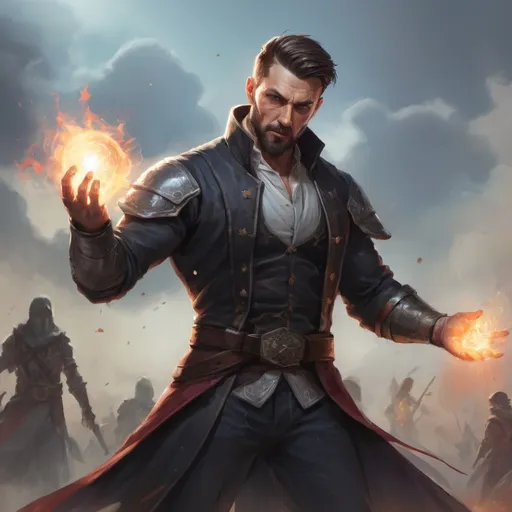 Prompt: Male stocky mature muscular illusionist with short-cut hair and beard, on a battlefield, in combat, Casting a spell, pathfinder, d&d setting, in a realistic high quality digital art style, enhanced shadow quality, colorful