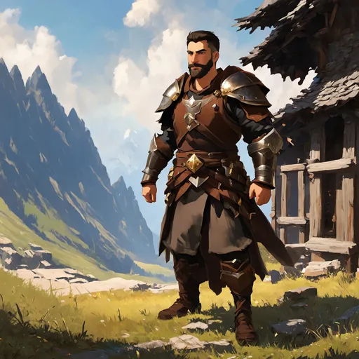 Prompt: (Full body) male warrior with short hair and beard, in brown rugged armor, exploring a dark fantasy villiage by a mountain, pathfinder, d&d setting, in a detailed digital art style