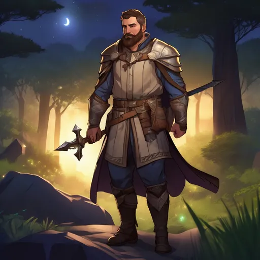 Prompt: (Full body) male stocky big-chested hairy-chested paladin with short hair and beard, open shirt, in nature at night, pathfinder, d&d setting, in a realistic digital art style