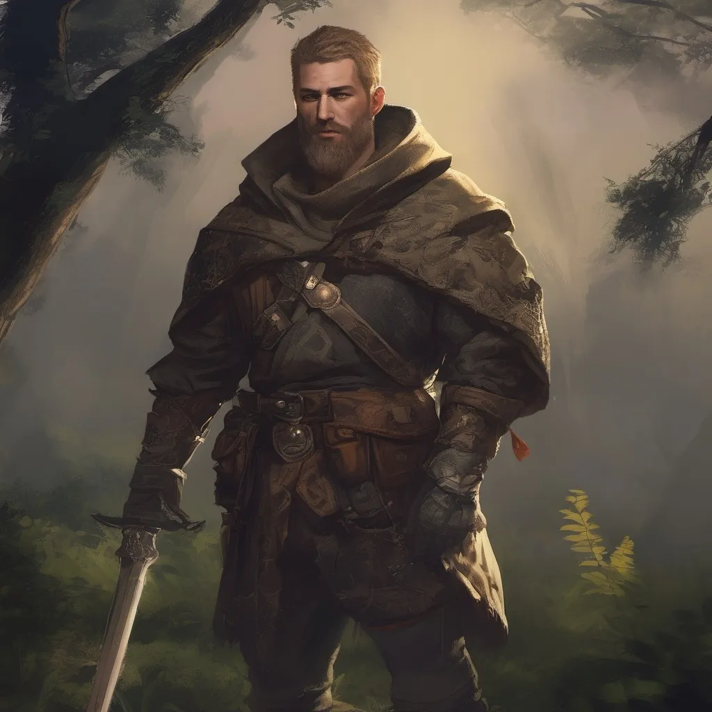 Prompt: (Full body) male stocky Noble thief with blonde short hair and beard, in nature at night, pathfinder, d&d setting, in a realistic digital art style