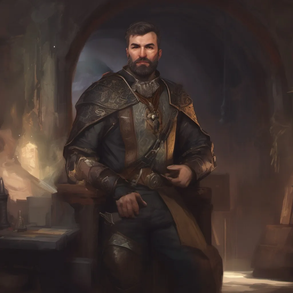 Prompt: (Full body) male stocky middle-aged magical artificer with black short-cut hair and beard, in a dark underground, pathfinder, d&d setting, in a realistic digital art style