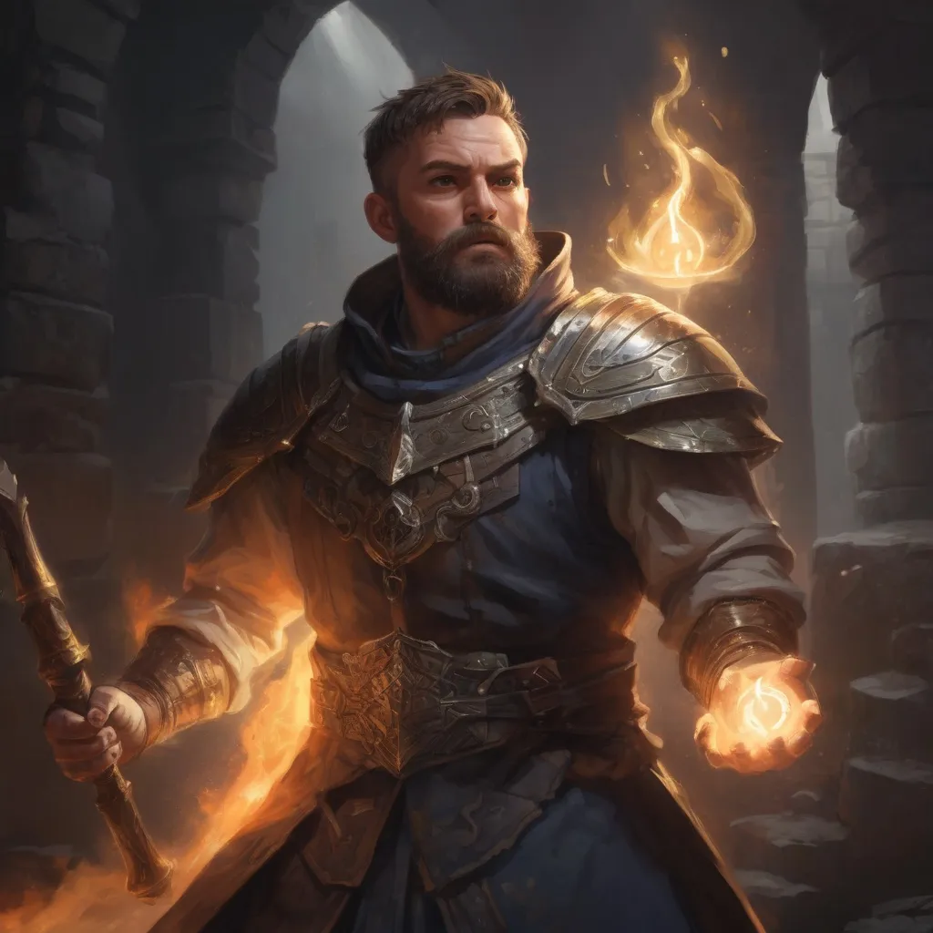 Prompt: Male stocky large cleric with short-cut hair and beard, engaged in combat casting a holy light spell inside of a dark dungeon, pathfinder, d&d setting, in a realistic high quality digital art style, enhanced shadow quality, colorful