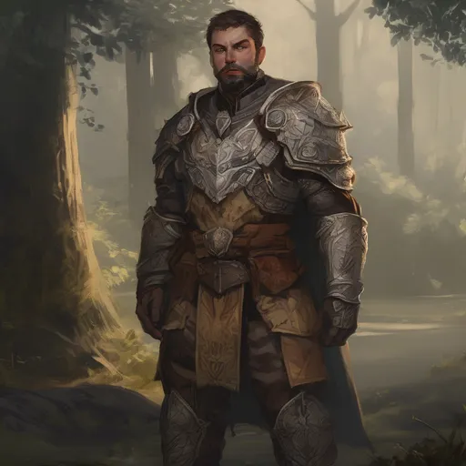 Prompt: (Full body) male stocky paladin with short-cut hair and beard, in nature in the dark, pathfinder, d&d setting, in a realistic digital art style