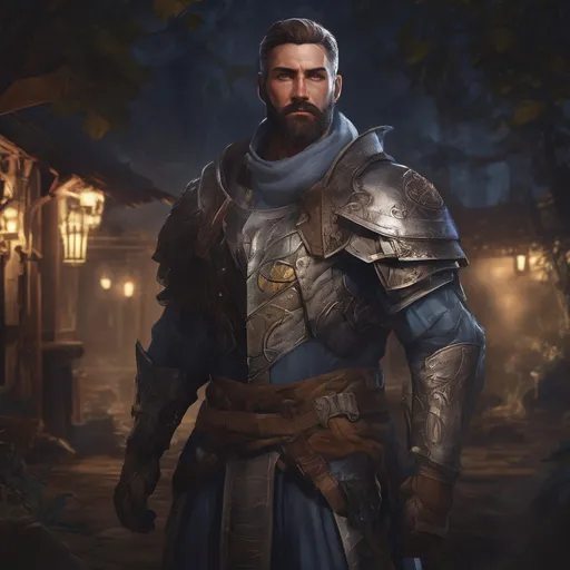 Prompt: (Full body) male handsome muscular royal armored knight with short hair and beard, in a forest village at night, pathfinder, d&d setting, in a realistic high quality digital art style