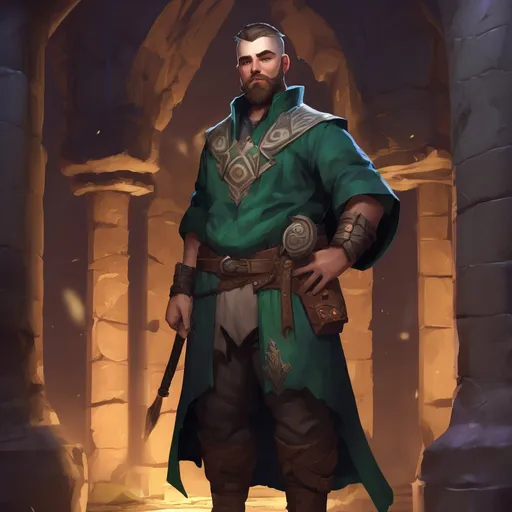 Prompt: (Full body) male stocky nature-mage with short hair and beard, in a dark temple ruin, pathfinder, d&d setting, in a realistic digital art style