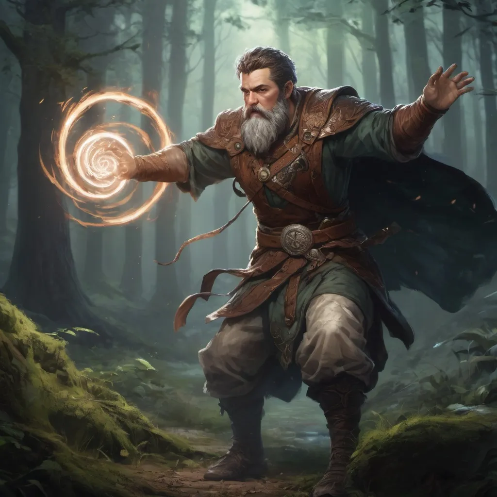 Prompt: (Full body) male stocky large druid with short-cut hair and beard, casting a swirly light-spell, in a dark battle field in a forest, pathfinder, d&d setting, in a realistic high quality digital art style