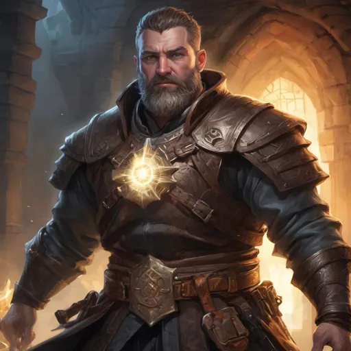 Prompt: (torso) Male stocky large mature cleric with short-cut hair and beard, engaged in combat casting a prismatic-spell inside a dungeon, pathfinder, d&d setting, in a realistic high quality digital art style, enhanced shadow quality