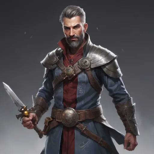 Prompt: (torso) Male heavy-set mature fit magical alchemist with short-cut hair and beard, holding fantasy-weapon, in movement, in a windy battlefield, pathfinder, d&d setting, enhanced shadow quality