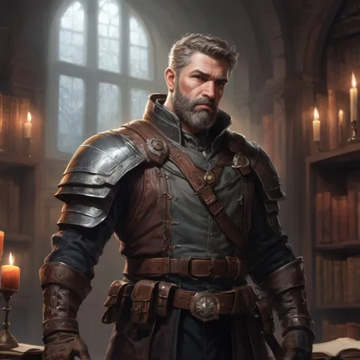 Prompt: Male stocky mature noble marksman, with short-cut hair and beard, in a dark library in a castle, pathfinder, d&d setting, in a realistic high quality digital art style, enhanced shadow quality, colorful
