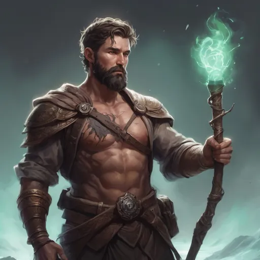 Prompt: (torso) Male stocky masculine magical druid with short-cut hair and beard, on a battlefield, in combat, holding a magic staff, bright aura, pathfinder, d&d setting, in a realistic high quality digital art style, enhanced shadow quality